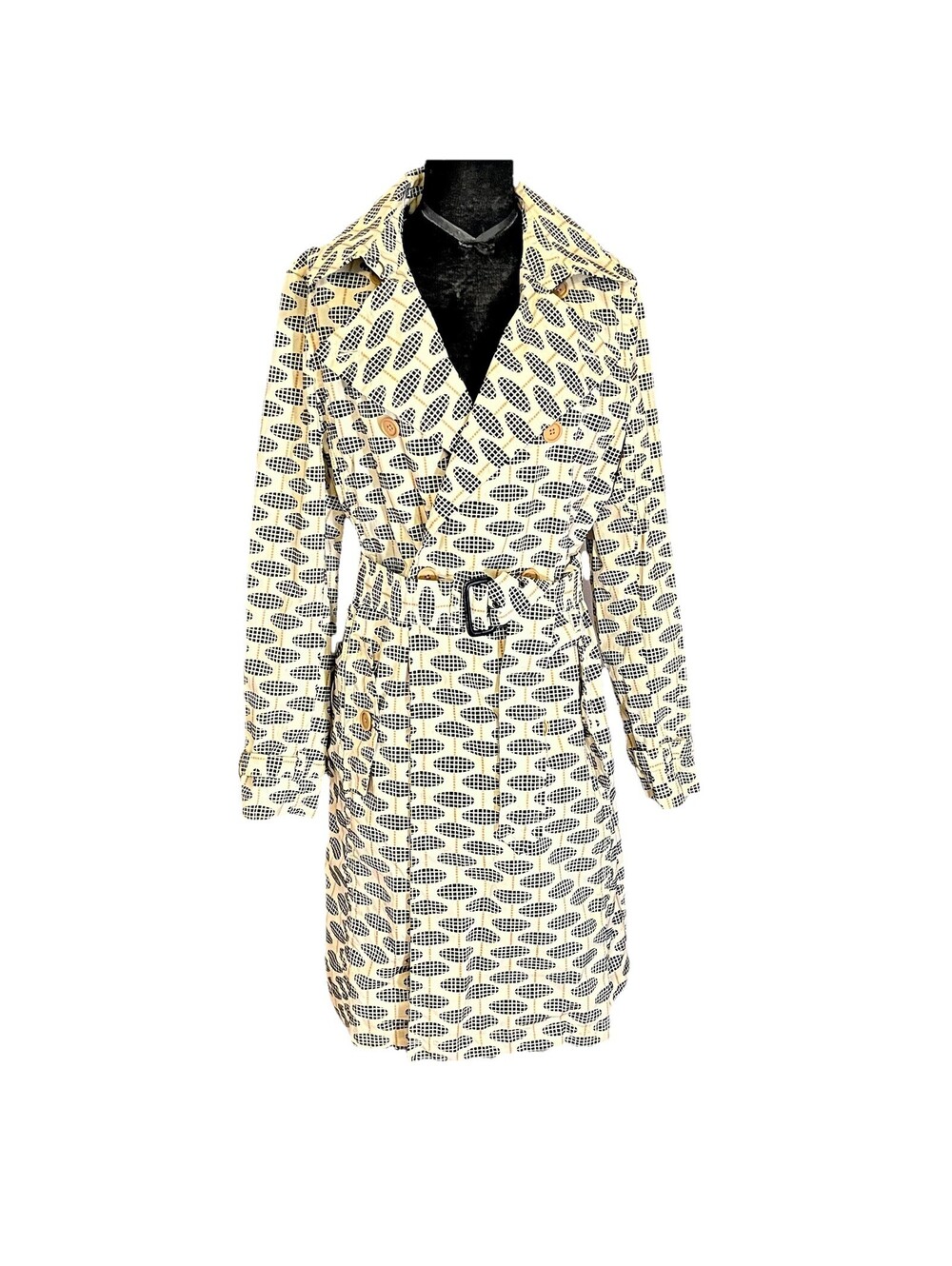 GAP Belted Trench Coat Lightweight Mod Geo Print Ivory Black Tan Sz M EUC!